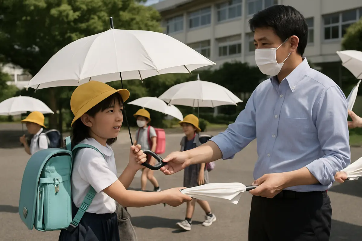 熊谷市が小学生に日傘を渡した
