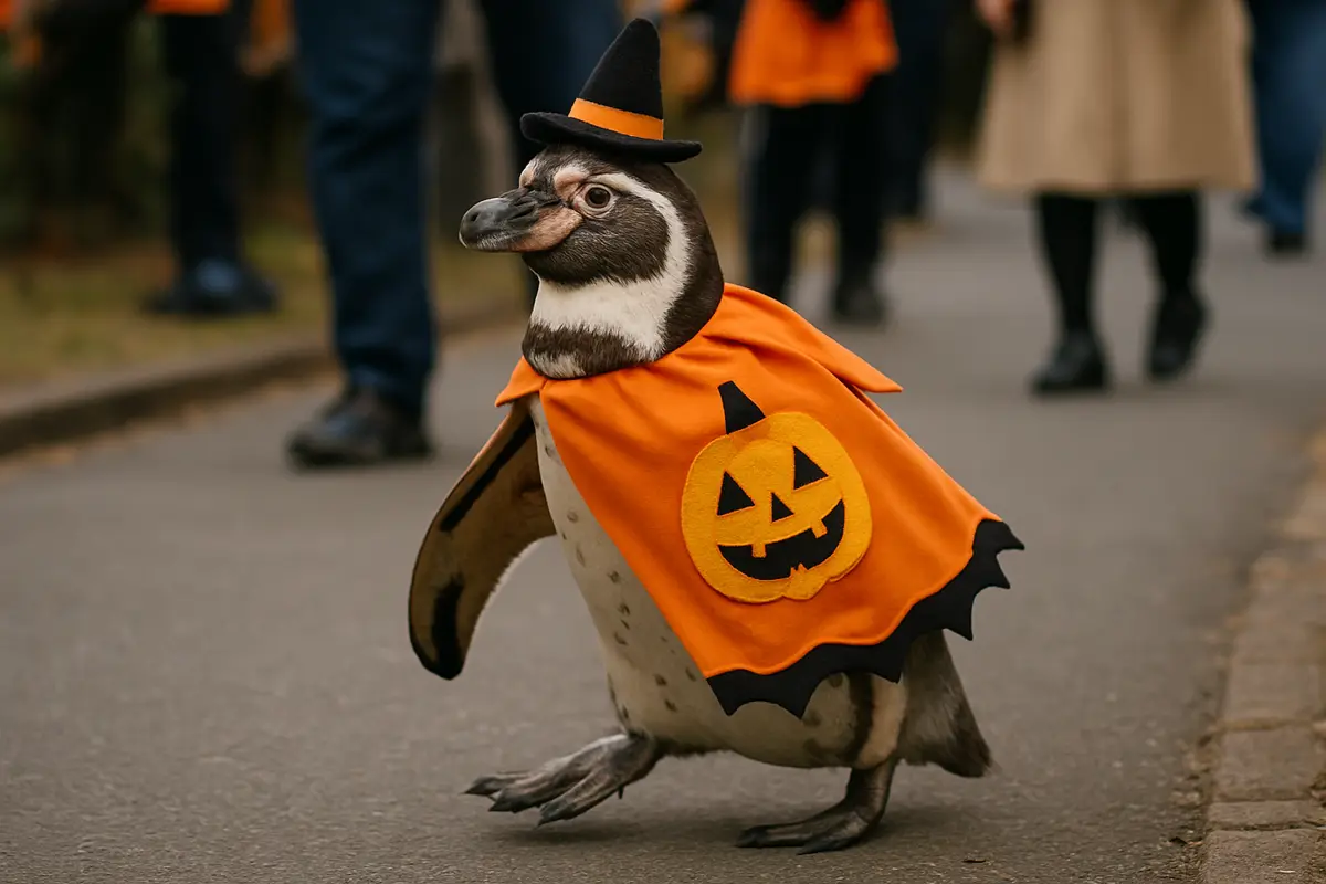 ハロウィーンの服を着たペンギンが散歩