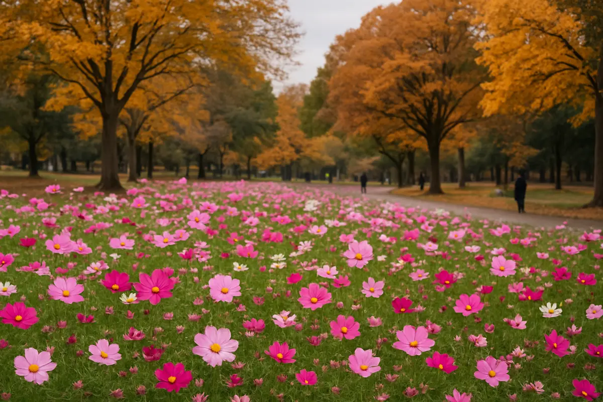 秋の公園でコスモスの花がたくさん咲く