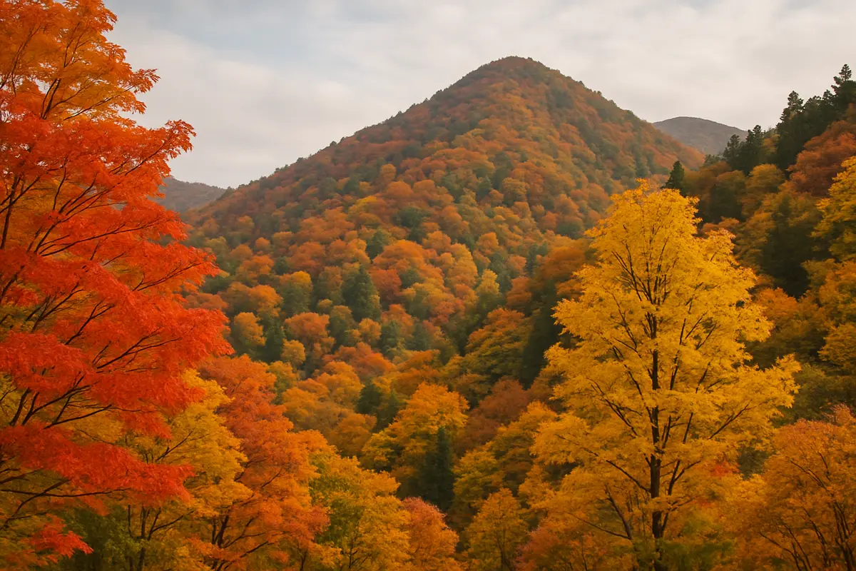 秋の山　木の葉が赤や黄色に