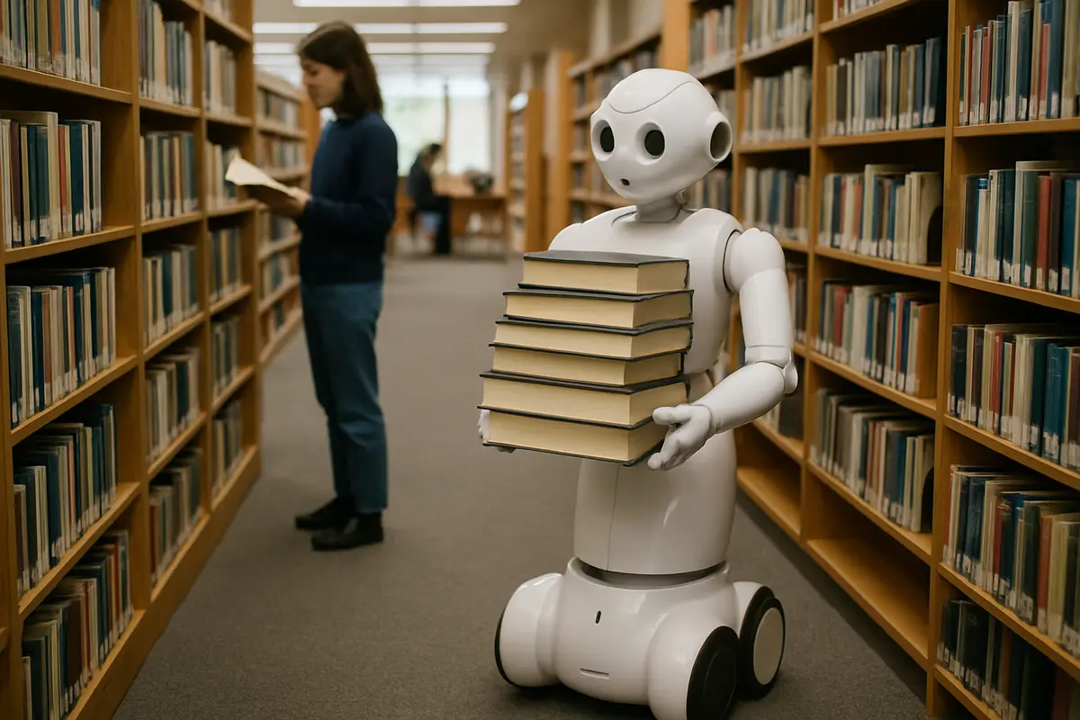 図書館でロボットが本を運ぶ