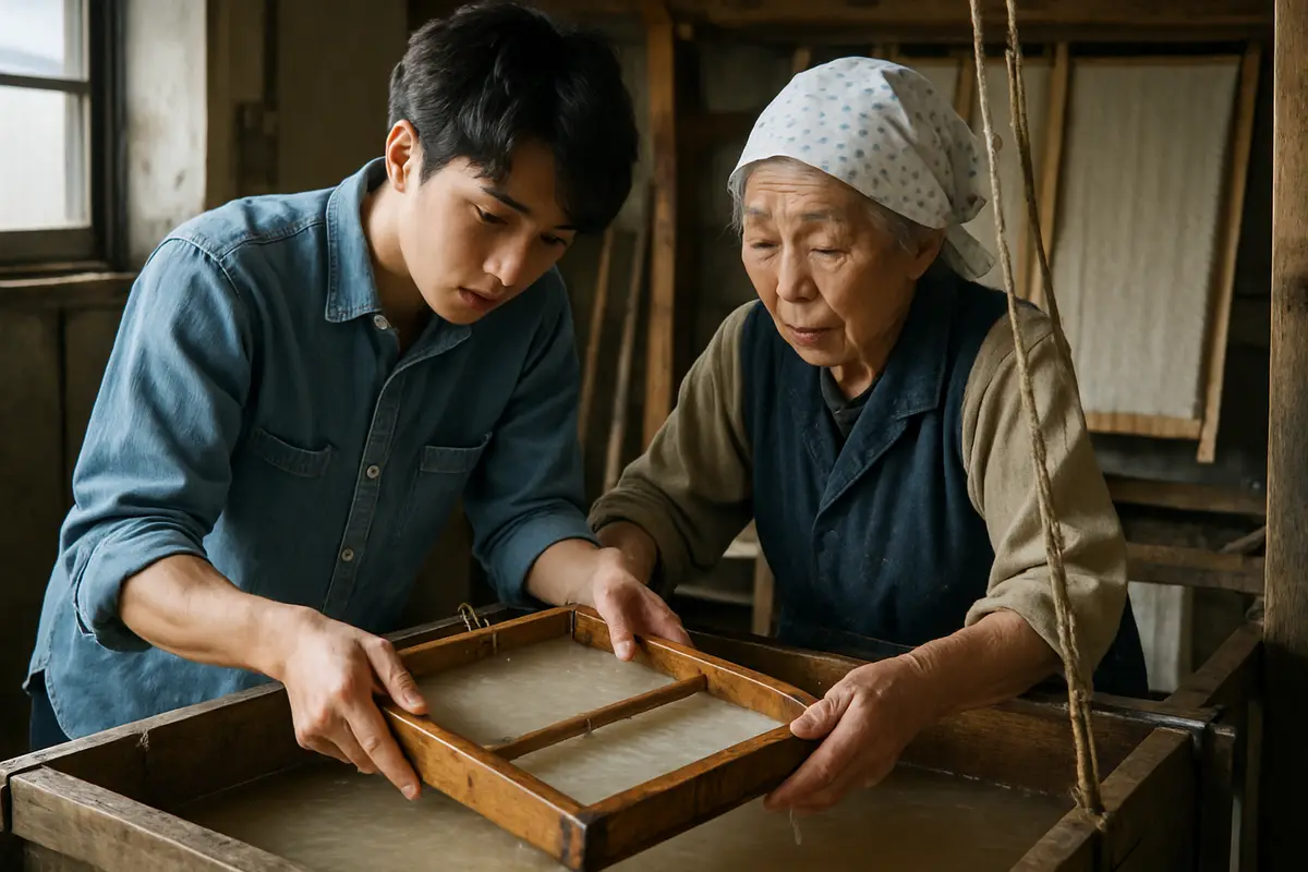 若者が伝統の和紙作りを学ぶ