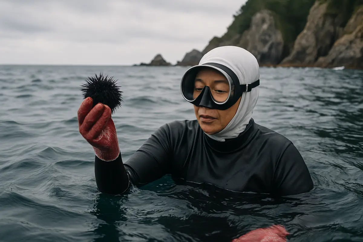 岩手県の「海女」　海でウニをとる